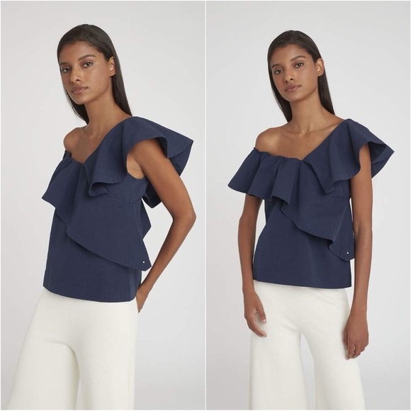Cuyana Seersucker Flounce Top 100% Cotton Ruffle Asymmetrical Textured Blue Sz L - Picture 1 of 12